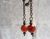 Banded Red Agate Dangle earrings in Antiqued Brass
