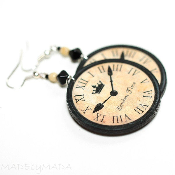 clock  Earrings London Round Earth tones decoupage jewelry Brown Ecru Beige, gift for her under 25
