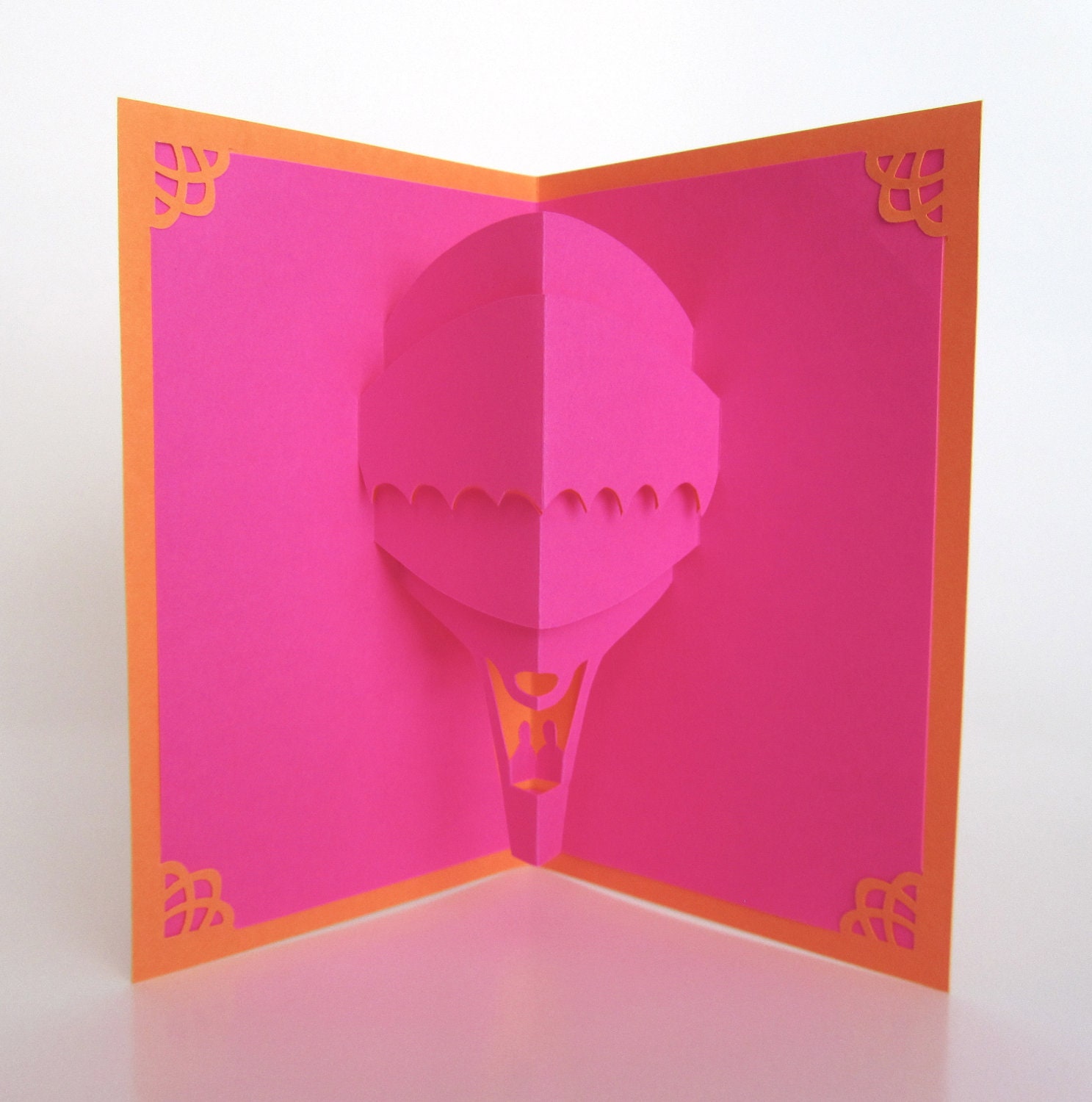HOT AIR BALOON 3D Pop Up Greeting Card Home Décor Handmade Cut by Hand Origamic Architecture in Hot Pink Fuchsia and Bright Orange OOaK