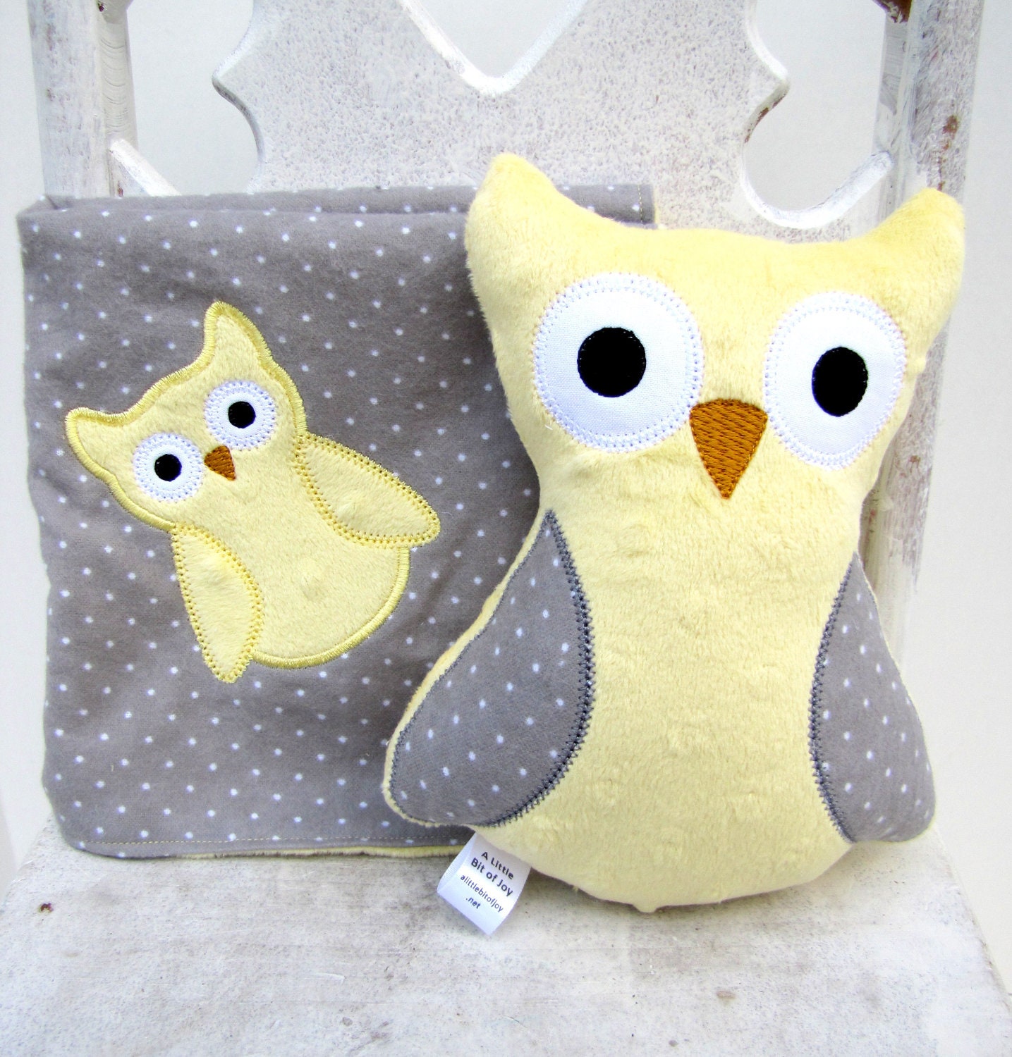 Yellow Gray Polka Dot Owl Gift Set -- Blanket and Stuffed Plush Owl -- Appliqued Baby Blankie