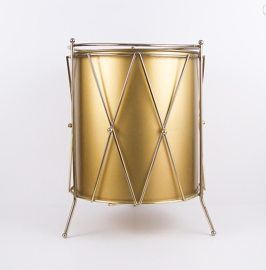 Vintage Gold Trash Can Mid Century Metal Waste Basket by esther2u2