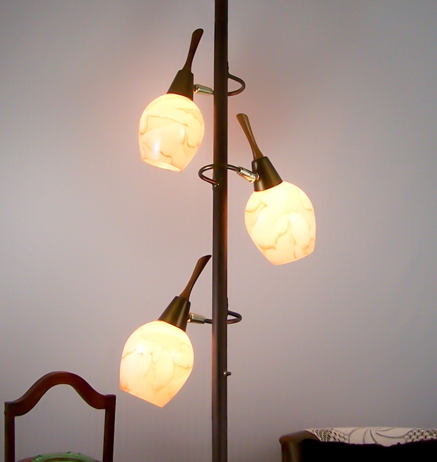 Vintage Tension Pole Lamp Eames Era Glass Globes Floor to Ceiling Light