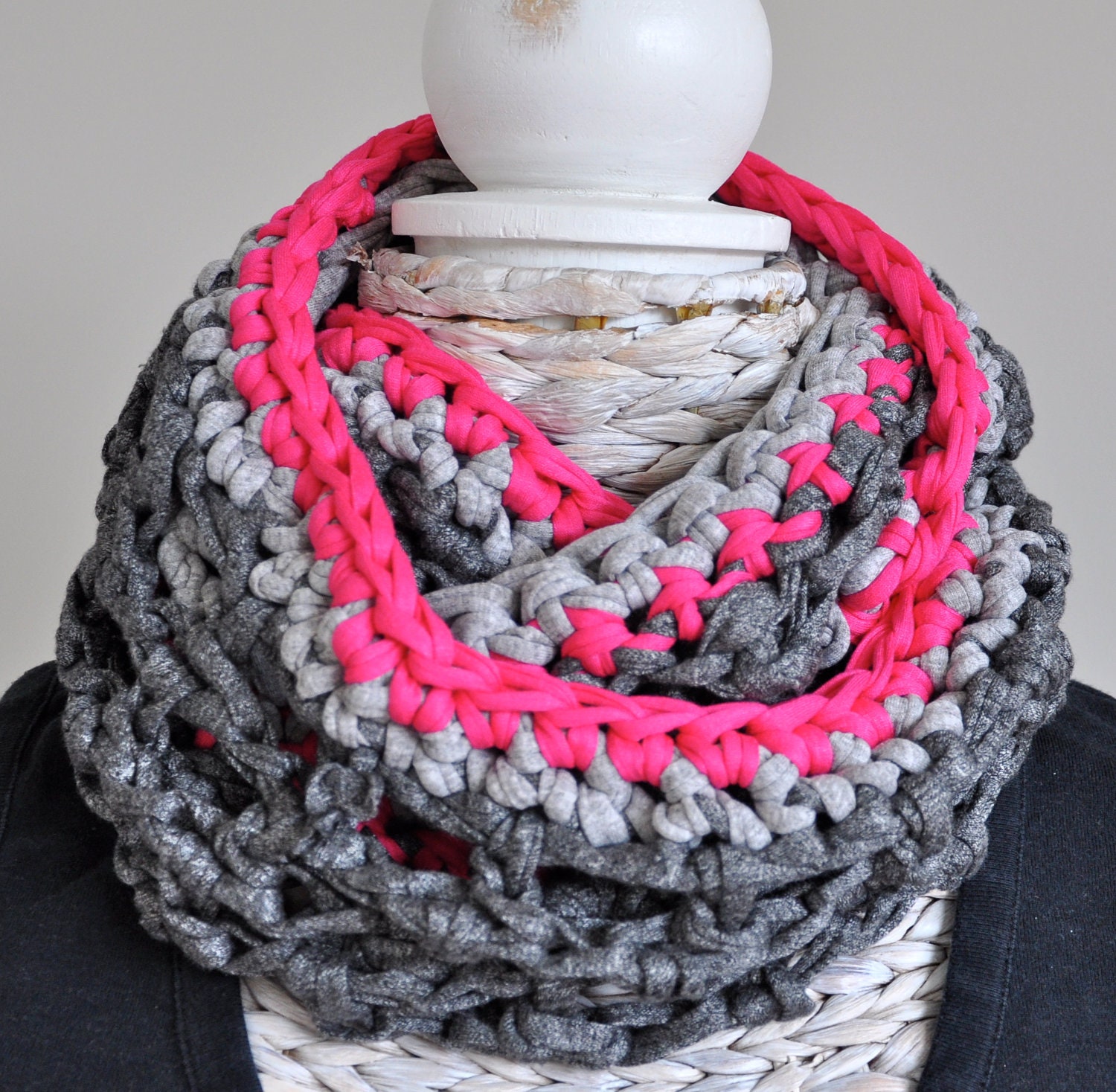 Hot pink grey infinity scarf / cowl
