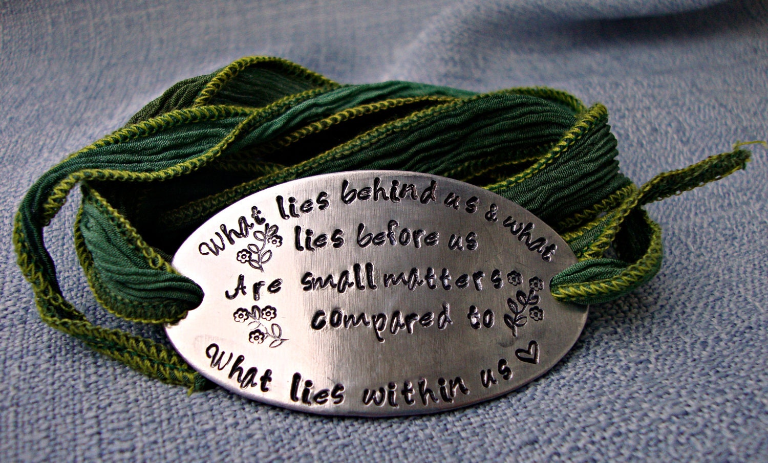 Hand Stamped Silk Wrap Bracelet Aluminum Yoga Bracelet