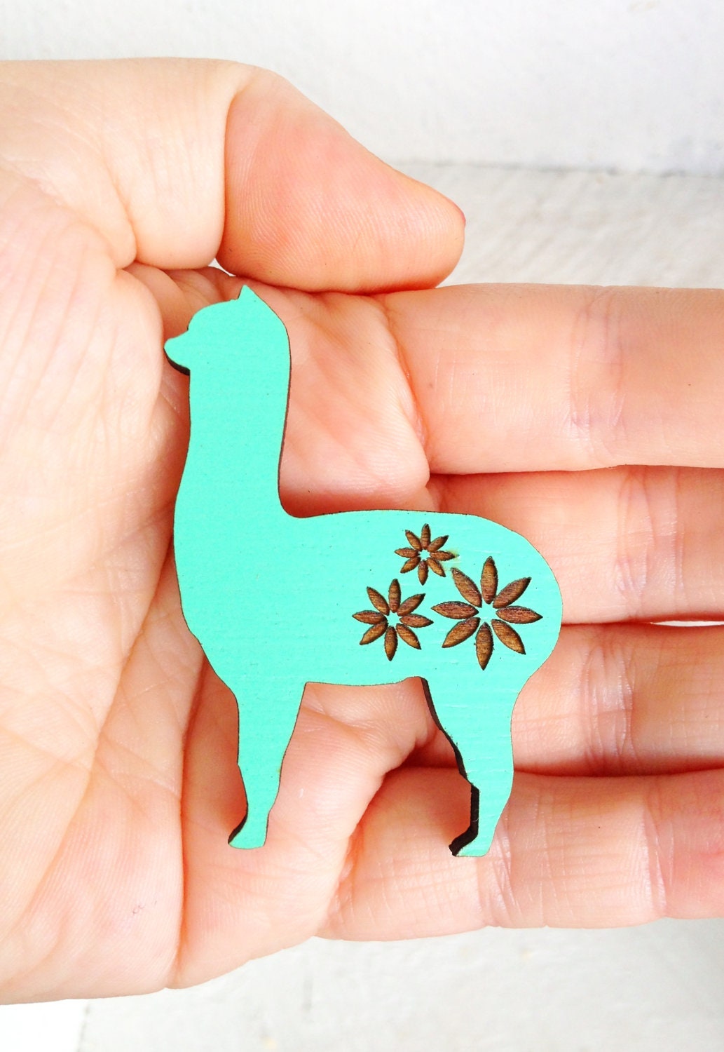 Summer Love Alpaca Brooch - Hand Painted Wooden Laser Cut - Mint Turquoise