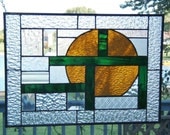 Stained glass window panel amber clear green geometric stained glass panel window hanging modern