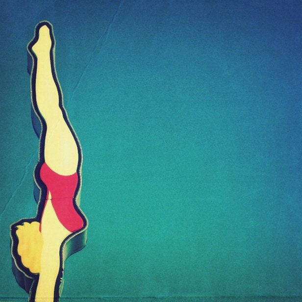 mid century art, swimming pool, retro swimsuit, red, yellow, blue, blonde, print, pin up girl, vintage sign - 5x5 High Dive photograph