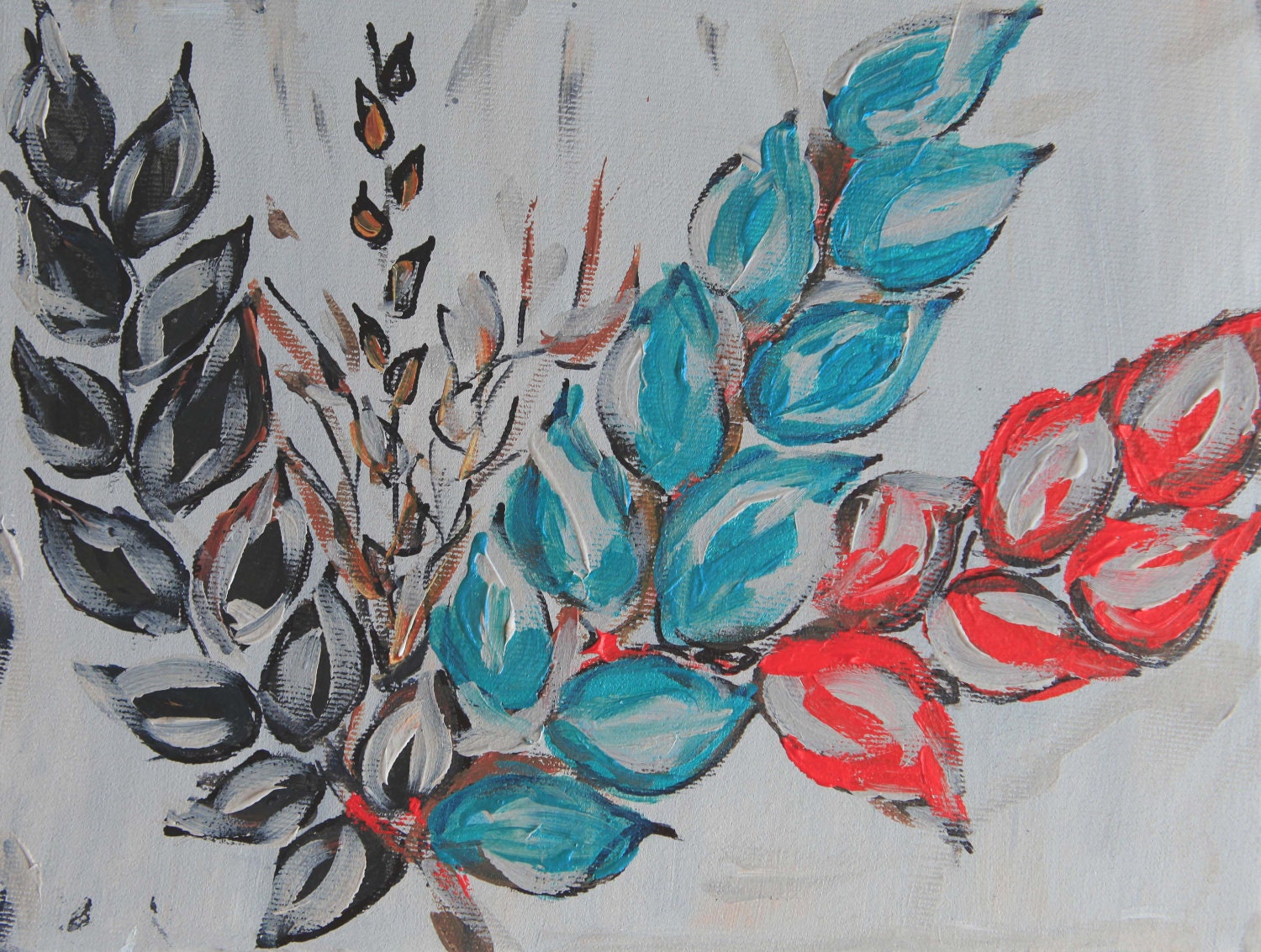 Abstract coral black turquoise, acrylic modern art, black, coral, turquoise leaves, modern abstract 10'' x 8"