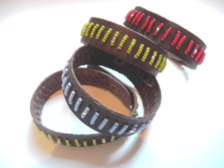 Beaded Leather Bracelet with Silver