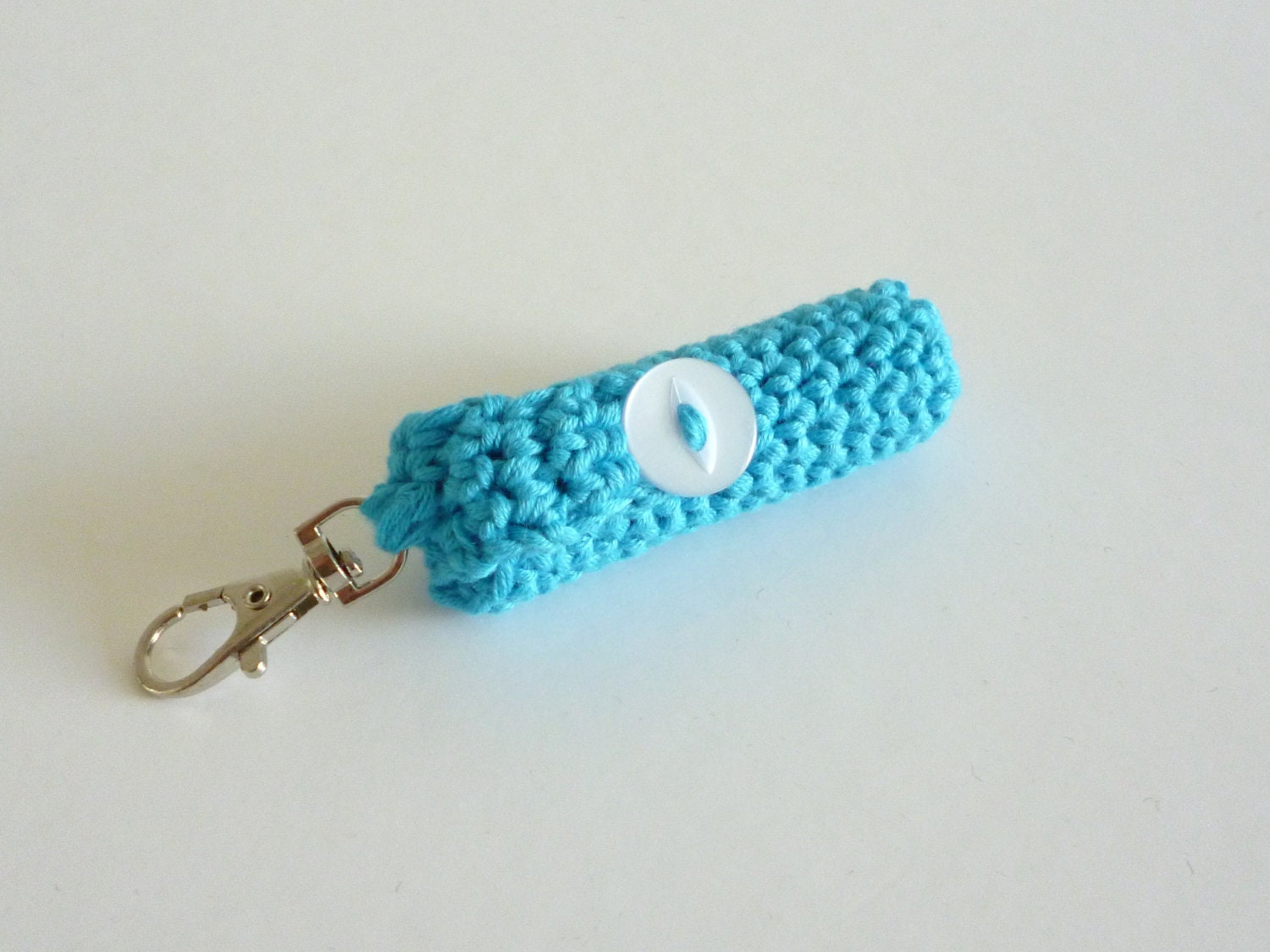 Lipbalm cosy keychain - bright blue crochet lipbalm cover - novelty keyring charm