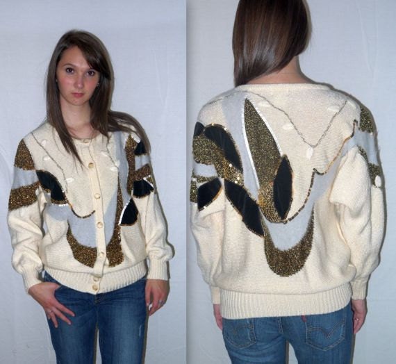 DeLUXE.. Vintage 80s Sweater Jumper CARDIGAN / Geometric BATWING Avant Garde /  Boyfriend Mohair Slouchy Metallic / S M