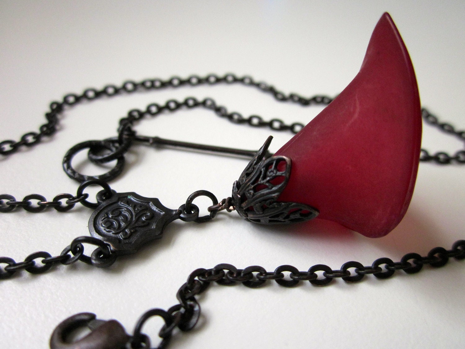 Lestat - blood red lucite lily flower, Victorian filigree bead cap, flora link, and antiqued black brass drop necklace