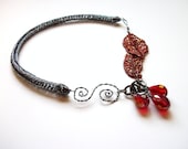 Viking Knit Necklace - Asymmetrical Beadwoven Autumn Leaves in Red and Gunmetal Grey - TerahClassyCreations