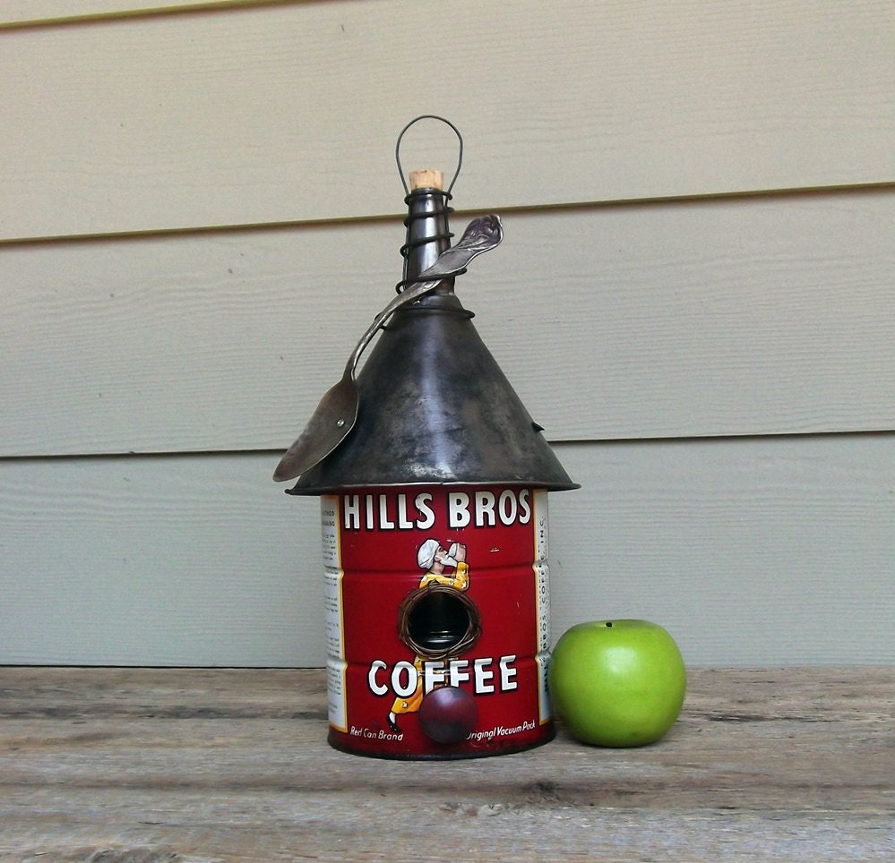 Vintage Coffee Can Birdhouse, Whimsical Birdhouse, Repurposed, Vintage Funnel, Decorative or Outdoor Birdhouse, Recycled, Reclaimed