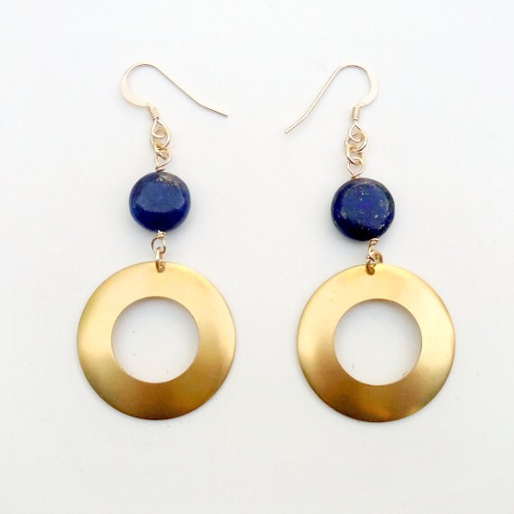 Navy Blue Earrings - Lapis Earrings - Yellow Gold Jewelry - Gemstone - Denim - Hoops ER-179