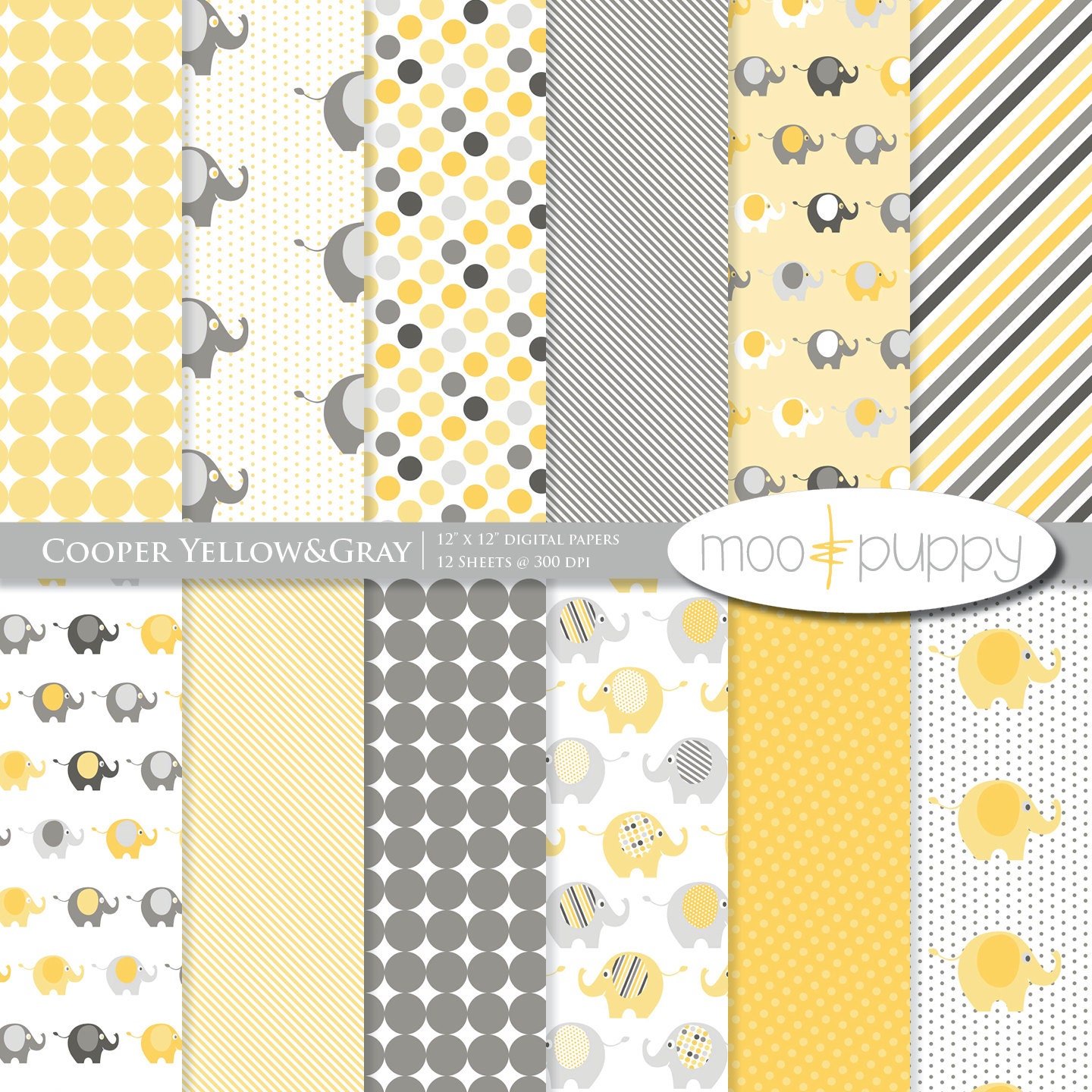Yellow and Gray Elephant Digital Scrapbook Paper Pack --   Cooper Yellow&Gray  -- INSTANT DOWNLOAD