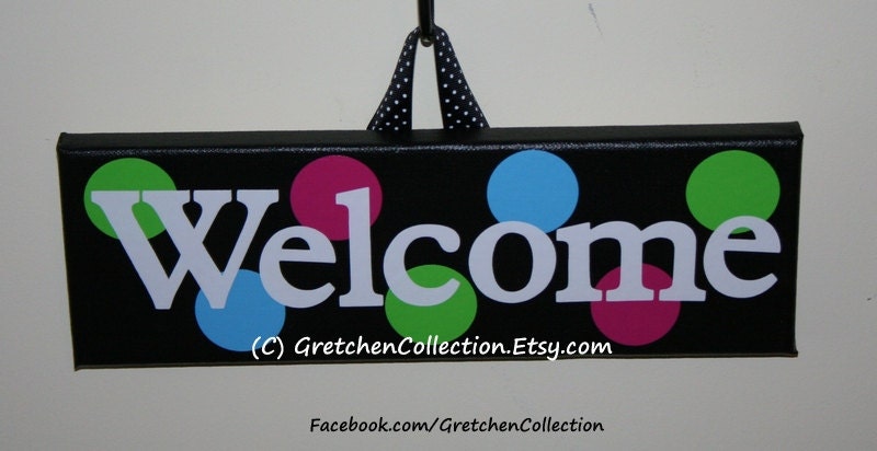 FREE SHIP:  Personalized Name Sign, Welcome, Polka Dot Pink, Green, White, Black, Teacher Appreciation, Door Hanger, Baby Nursery Gift