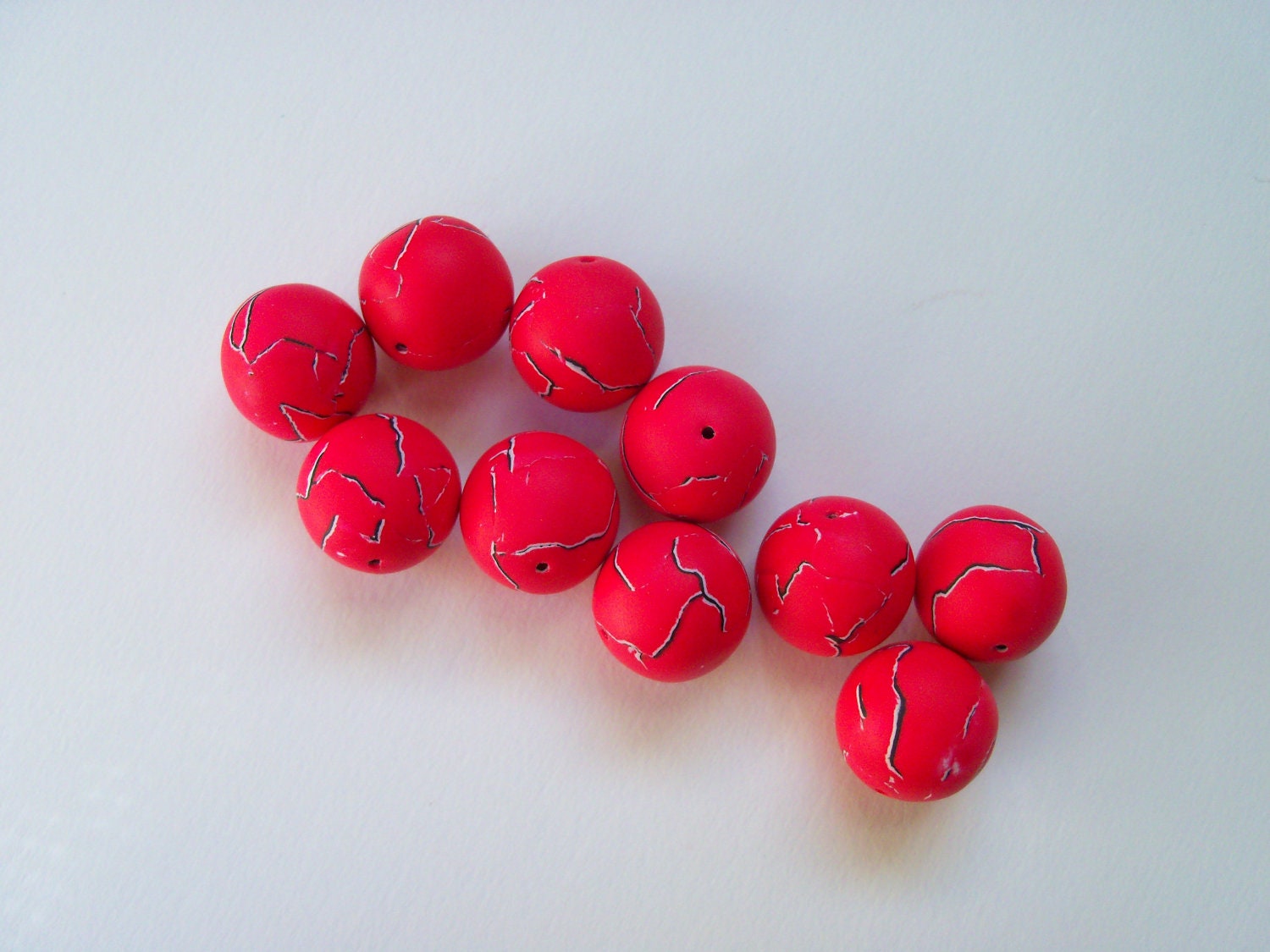 Red Handmade Polymer Clay Beads, 14 mm, set of 10, torn paper