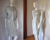 Vintage 1960s Carol Craig Palest Green Floral Brocade Sleeveless Dress Set