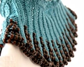 Hand Knit Teal Collar Capelet with Brown Wooden Beaded