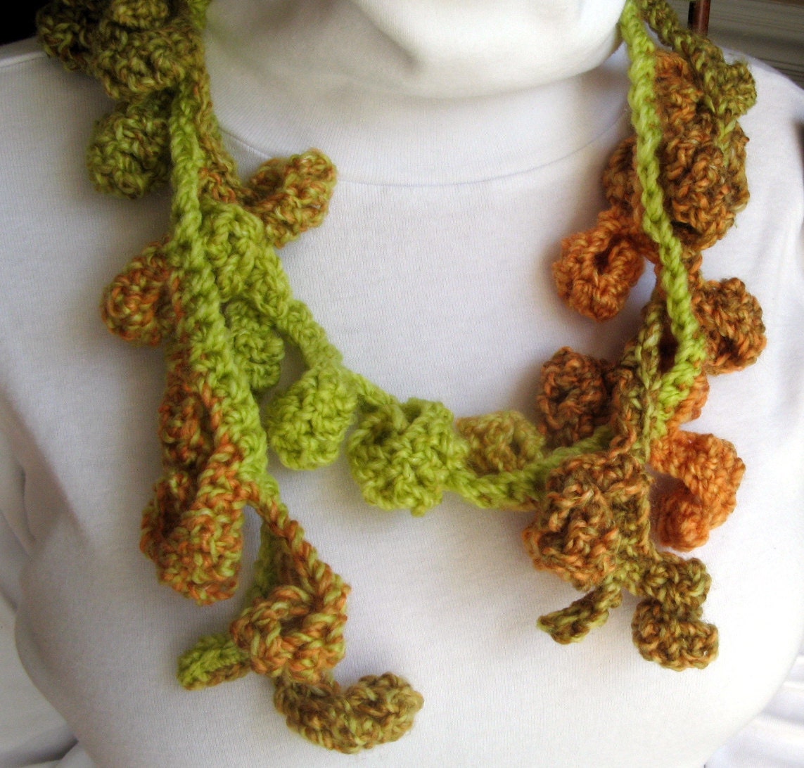 Lime Green and Orange Crochet Necklace, Chunky Yarn, Brown and Olive, Four Feet