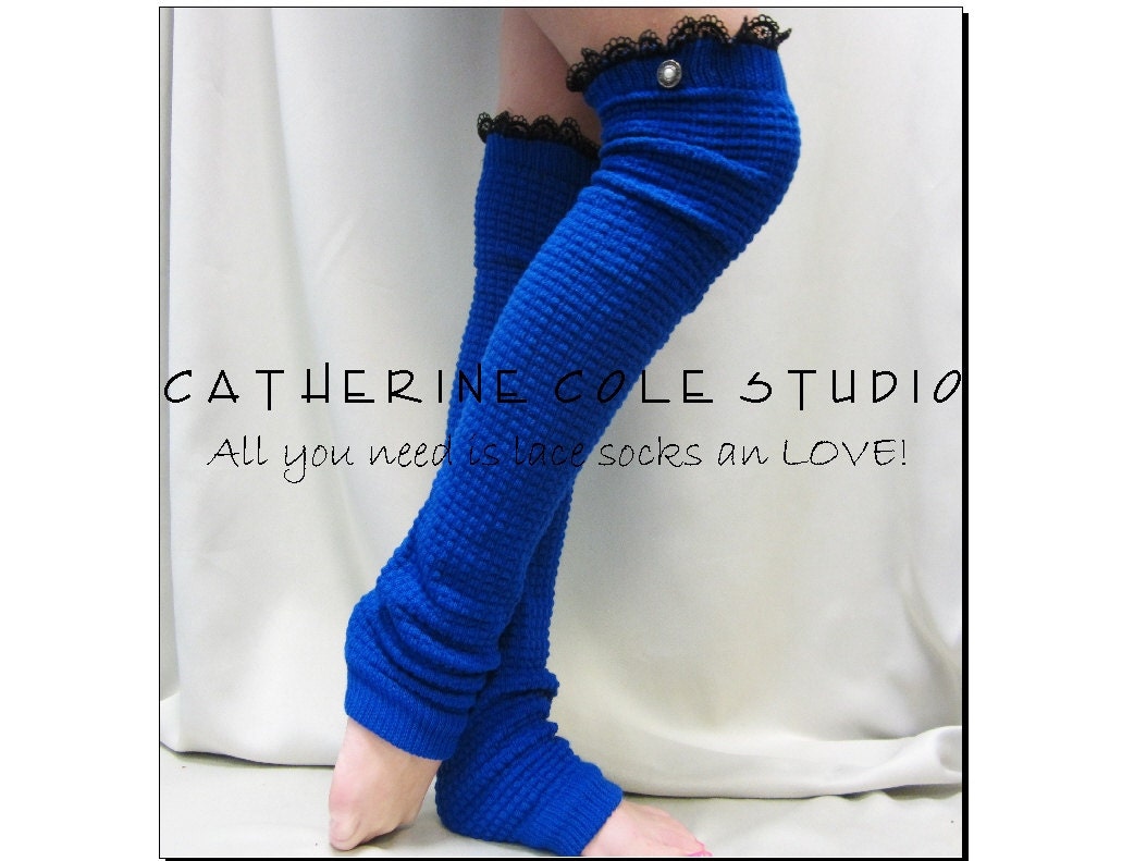 New Dancer ballerina yoga EXTRA LONG  leg warmers womens -ROYAL Blue  popcorn texture, lace buttons by Catherine Cole Studio legwarmers