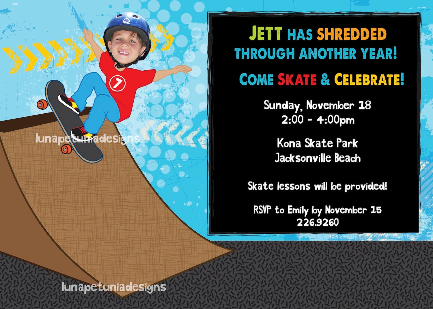 Skateboard . Your Kid Skating . Birthday Party INVITATION . Any Colors