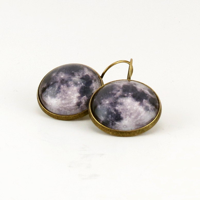 Full Moon Earrings, Glass And Bronze Latch Back Ear Rings