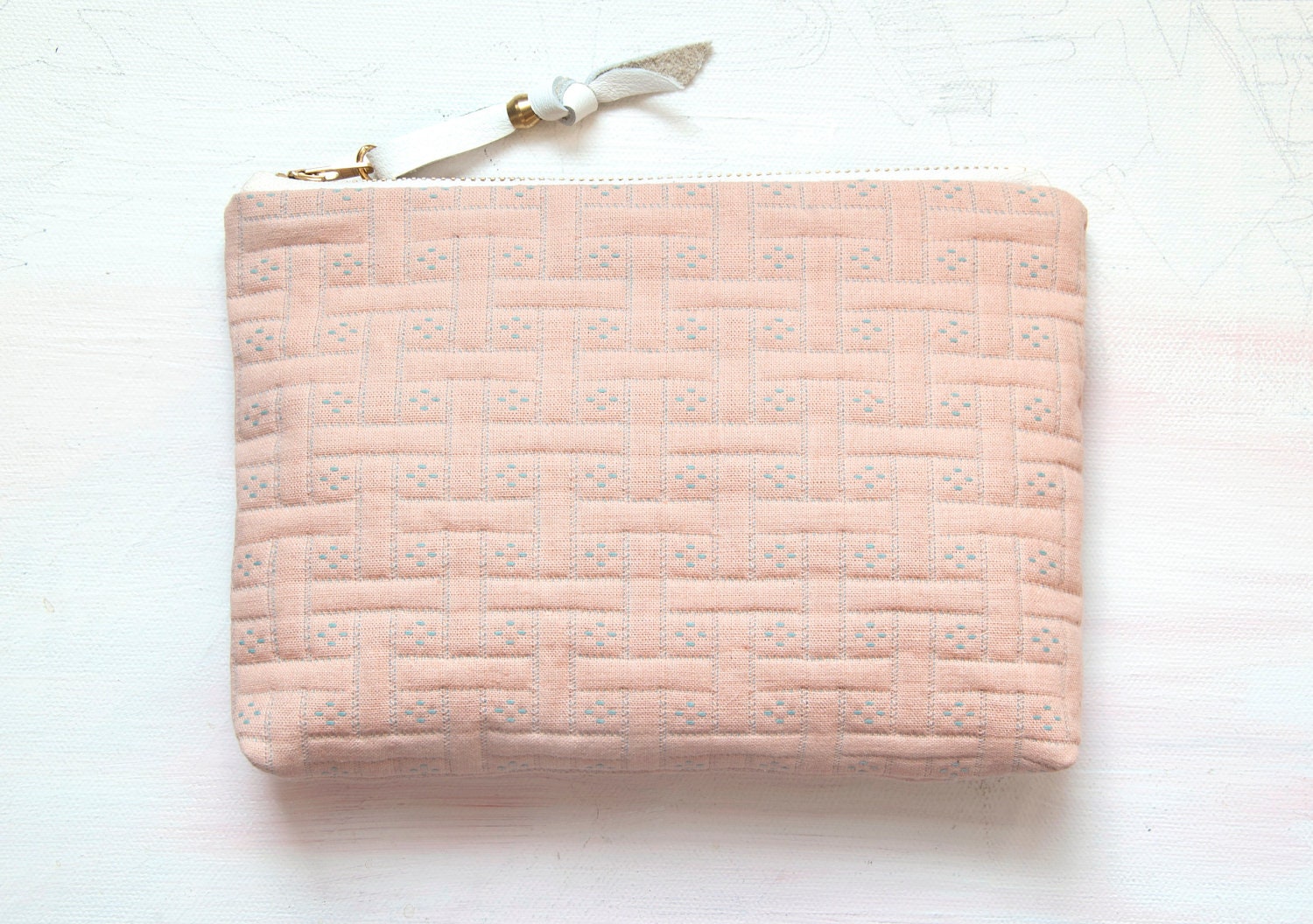 Q U I L T E D Peach Pastel Clutch. Small Cosmetic Clutch. Peach and Teal Pouch.
