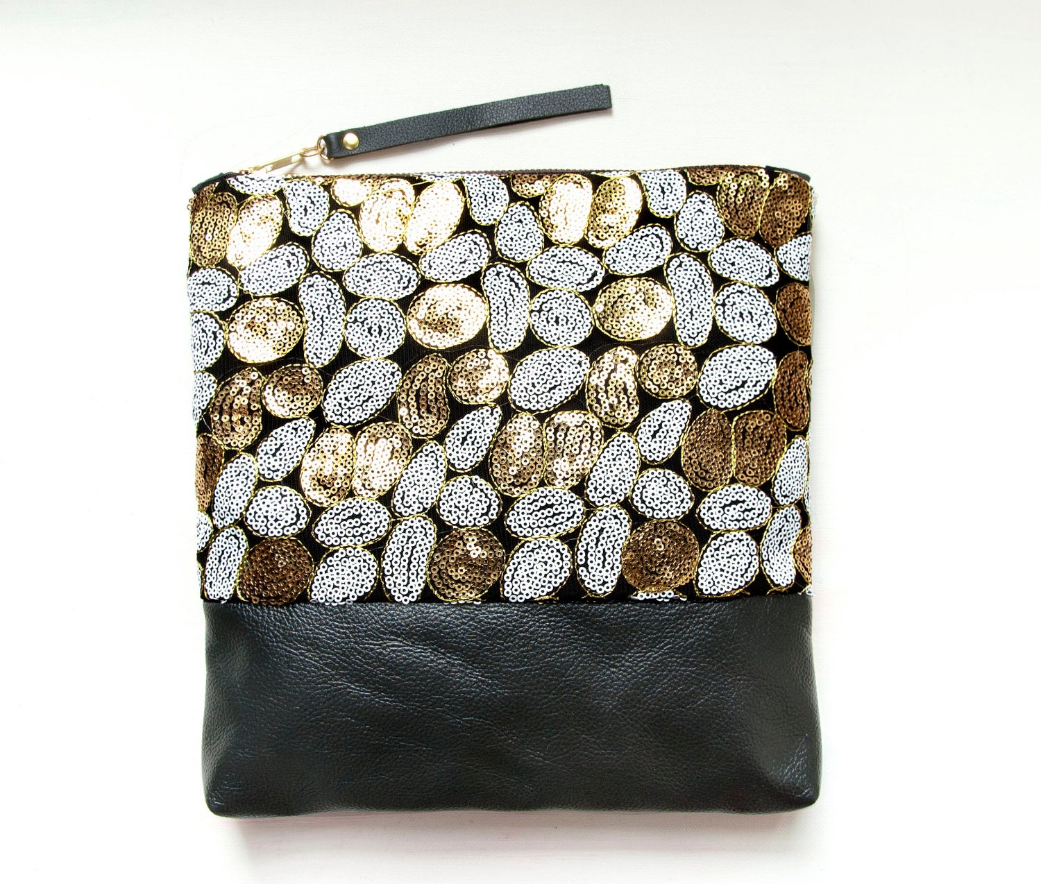 SALE. G O L D and White Sequin Clutch. Leather Fold Over Clutch. Metallic Gold Clutch.