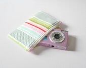 Padded camera pouch: Ticking stripe in pink,green and baby blue.
