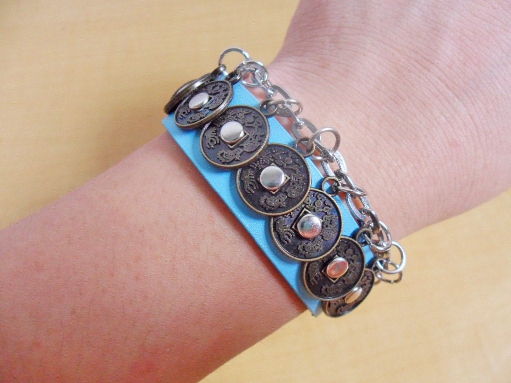 jewelry bangle leather bracelet buckle bracelet women bracelet girls bracelet with blue leather and metal chain SH-0686
