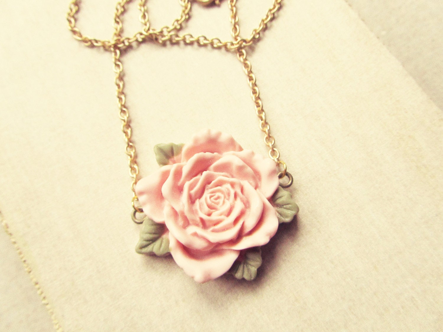 Pink rose large acrylic necklace, yellow gold chain, cottage garden style, shabby chic rose, vintage