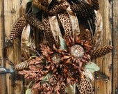 Winter Thanksgiving Fall Autumn Brown Beaded Sunflowers Spray Pine Cones Leopard Print Bow Door Wreath