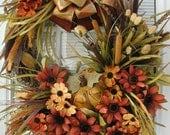 Fall Autumn Thanksgiving Pumpkin Mustard Yellow Burnt Red Daisies Tuscan Woodsy Wall Door Decor Wreath