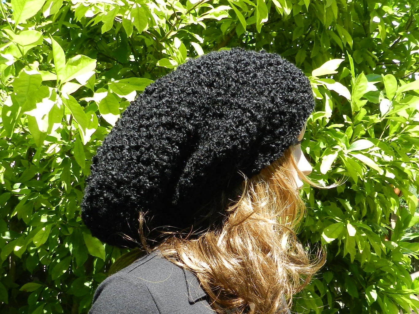 hand crocheted HIPPIE Hat Women/Teen Extra Large Beanie super chunky Slouch Hat, Rasta Cap, Chunky Baggy - Black