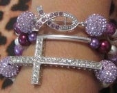 Sideways Rhinestone Cross Fish Jesus Ichthys Stretchy Stacked Beaded Bracelet Set Purple