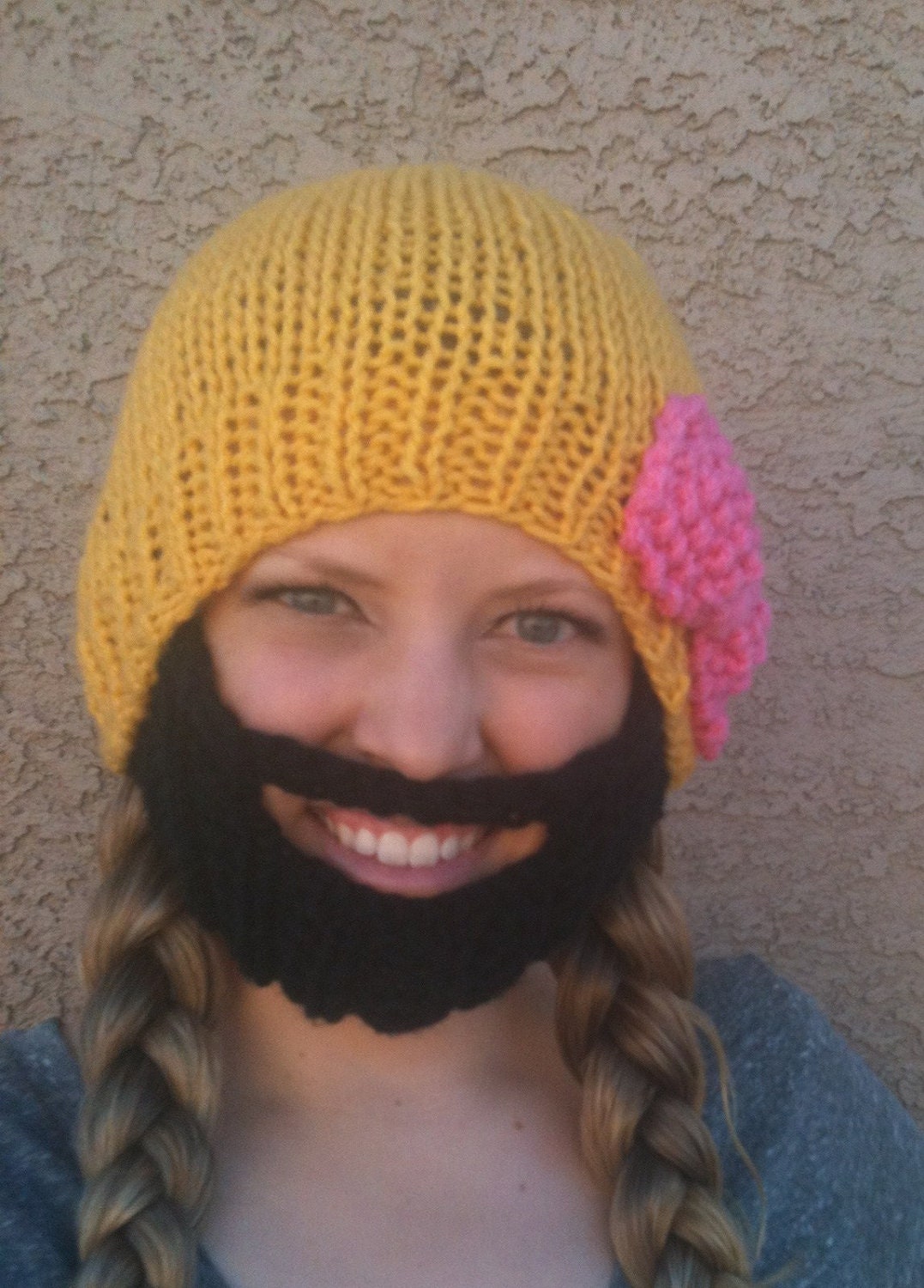 SALE Bearded Beanie Yellow Hat W Pink Bow Black Beard Warm Face Mask Christmas Winter