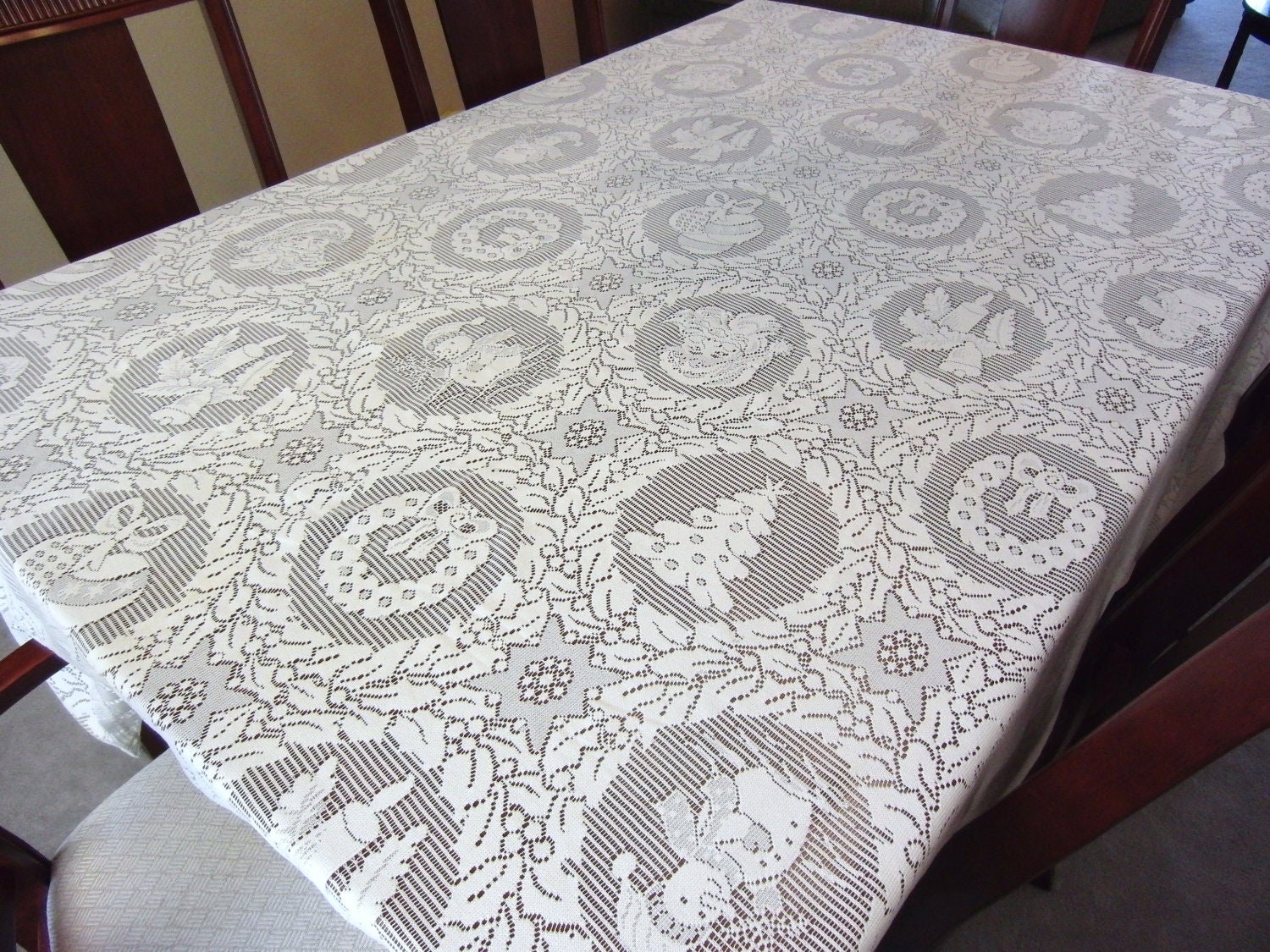 Vintage Christmas Holiday Lace Tablecloth 58 x by GardenLaundry