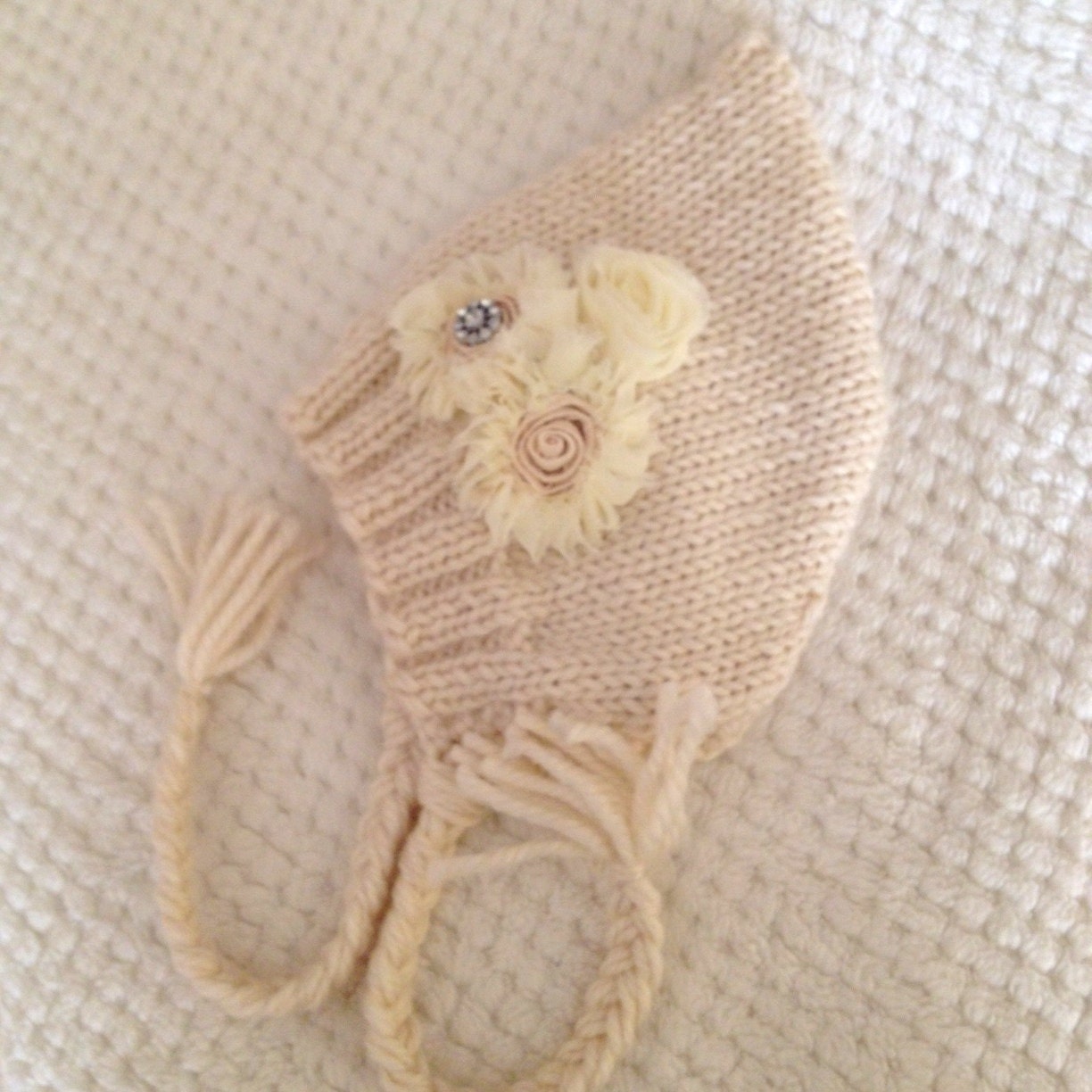 Knitted Baby Hat Vintage Style Flowers Rhinestones