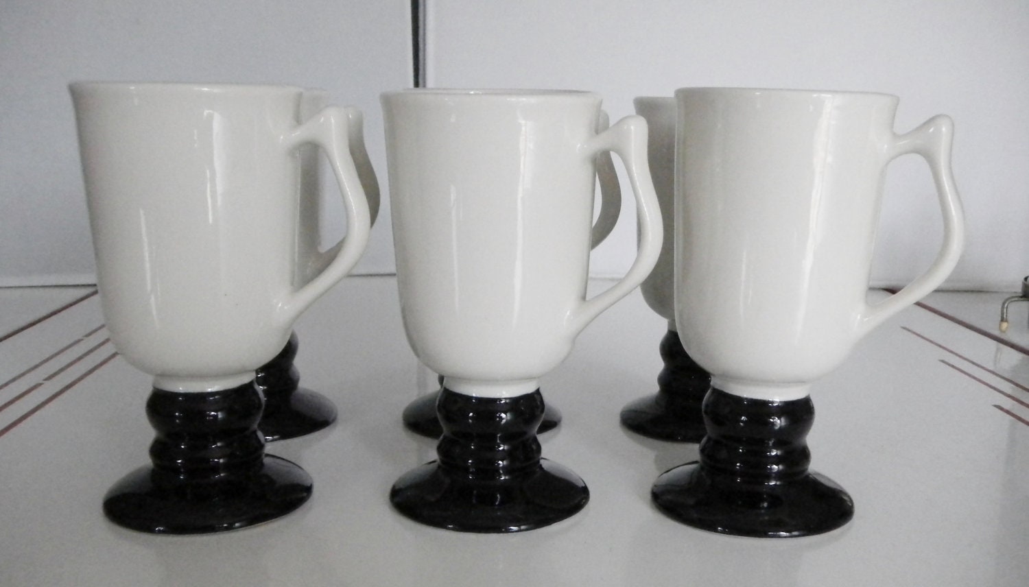 Vintage Hall Irish Coffee Pedestal Mugs-6 Black & White