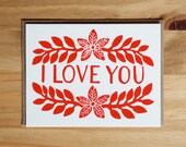 Five hand block printed "I Love You" cards and envelopes