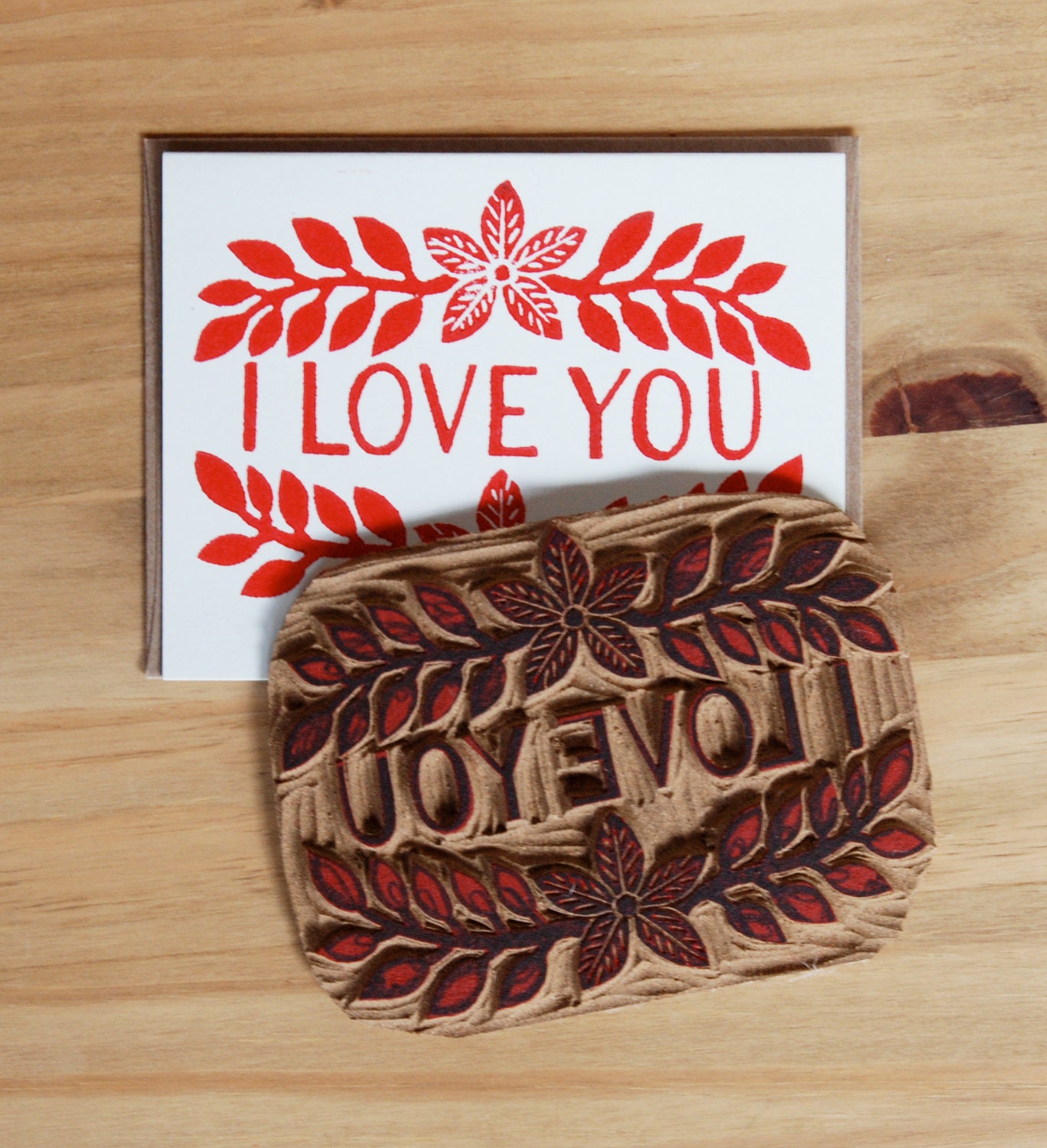 Single Hand Block Printed "I Love You" Card and Envelope