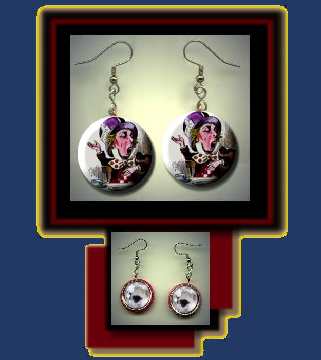 MAD HATTER Alice in Wonderland Altered Art Dangle Earrings with Rhinestone