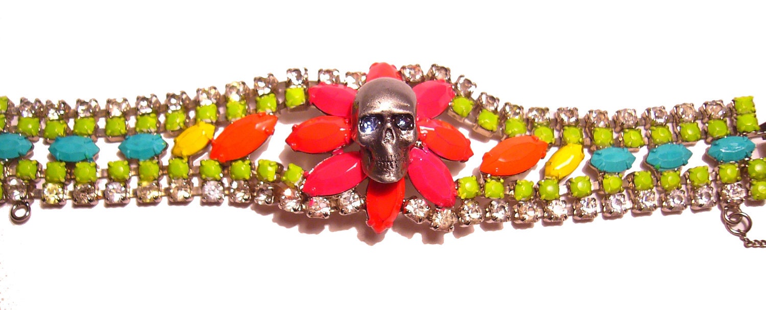 One of a Kind Neon Hand Painted Vintage Rhinestone Skull Bracelet - EPHEMERA Collection FW Collection (Reserved)