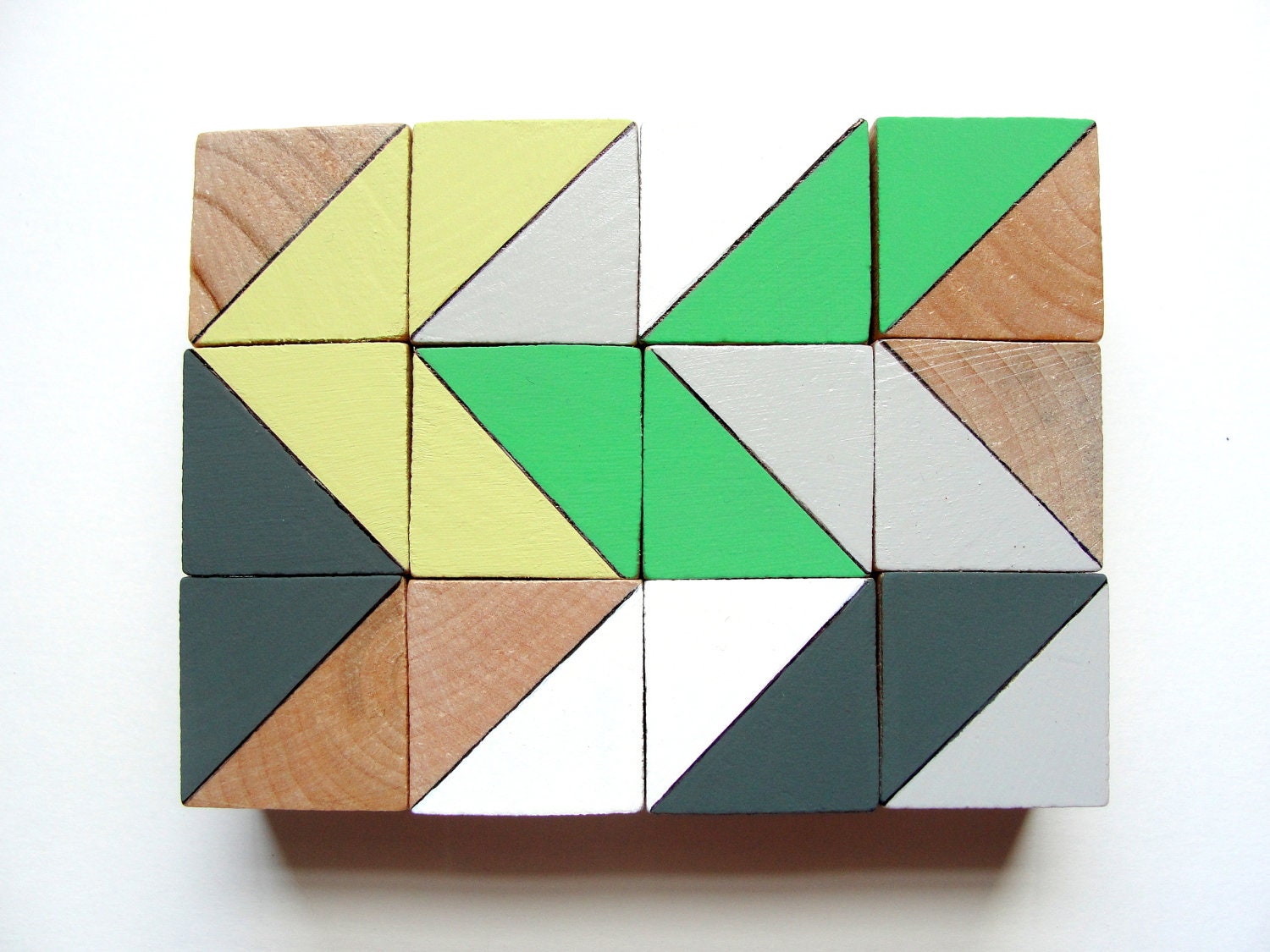 12 Color Block Magnets - Hand Painted Wood Blocks in PORTLAND SET (Green, Lime, Gray) - Geometric, Triangles, Wood Block