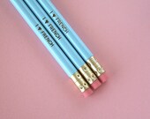 i heart love french. Three 3 baby blue pencils. back to school supplies for the francophile.