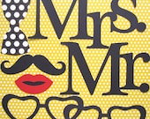 7 Piece - Bride and Groom Photo Booth Cut Outs - Die Cuts - Photo Props - Party Decorations - Mustache - Glasses - Bow Tie