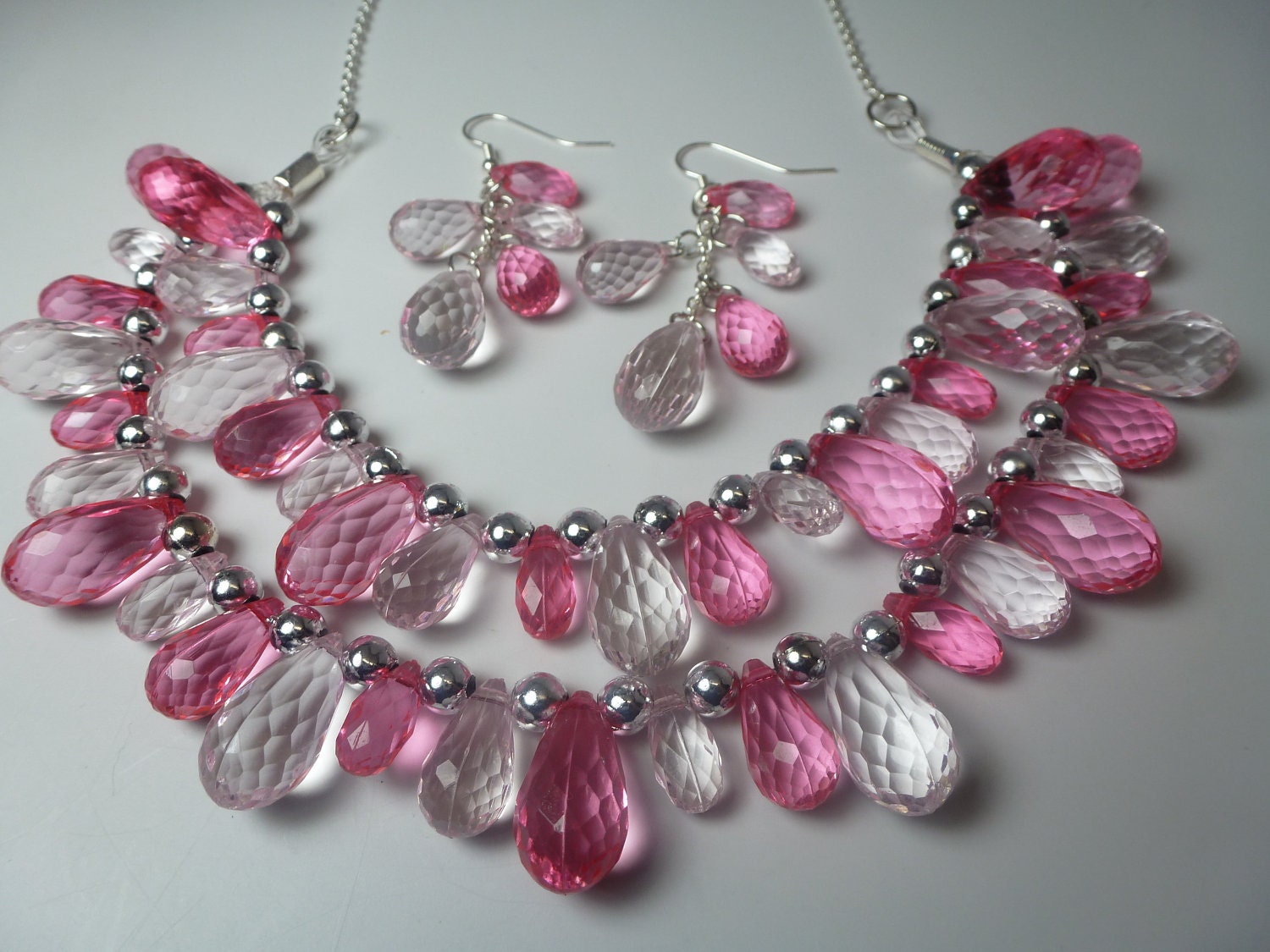 Hot Pink  Bib Statement  Necklace and Earrings, Faceted Teardrop/ Briolette Statement Necklace Earrings set