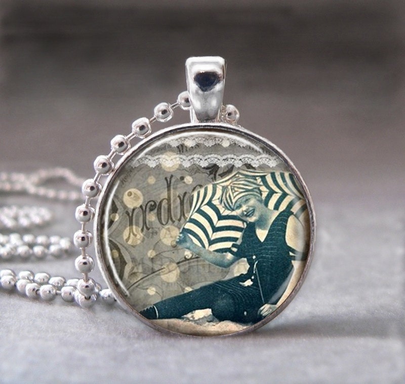 Pretty Vintage Woman With Umbrella, Altered Art Pendant Photo Pendant, Glass Dome Pendant Necklace, no.009-25
